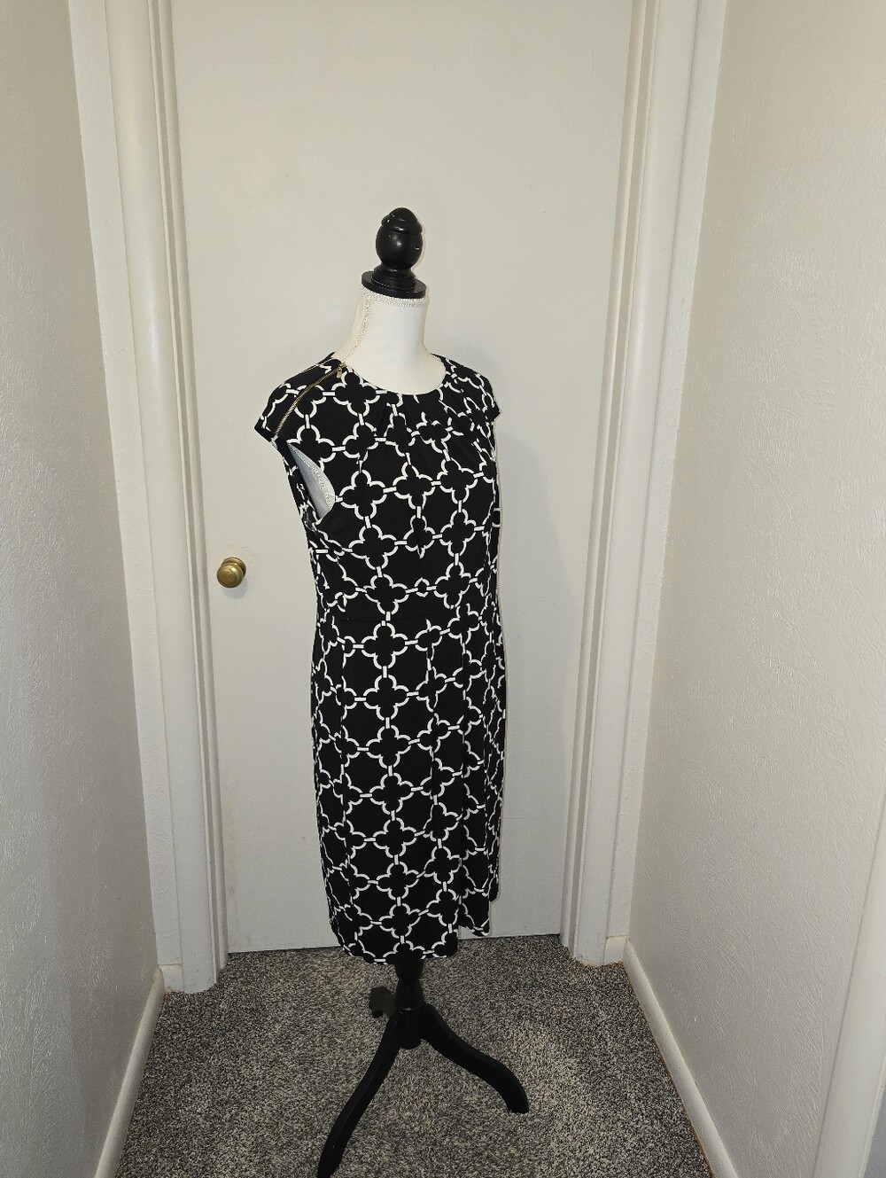 Charter Club Black and White Quatrefoil Or Trellis Print Midi Dress Size 12